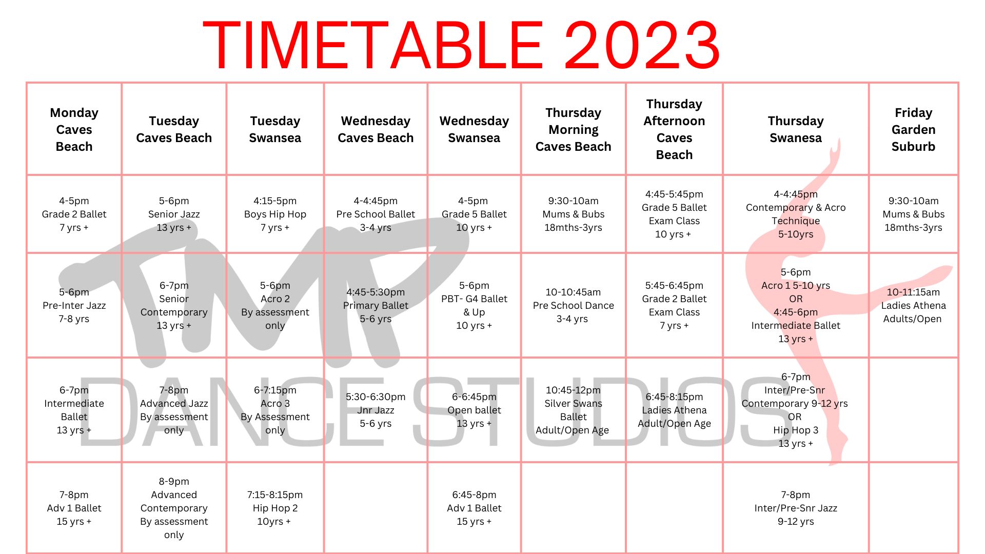 Dance Classes Timetable 2023 TMP Dance Studios